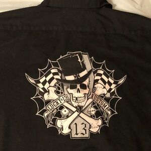 Vintage lucky 13 black button down shirt, size XL, skull, and crossbones